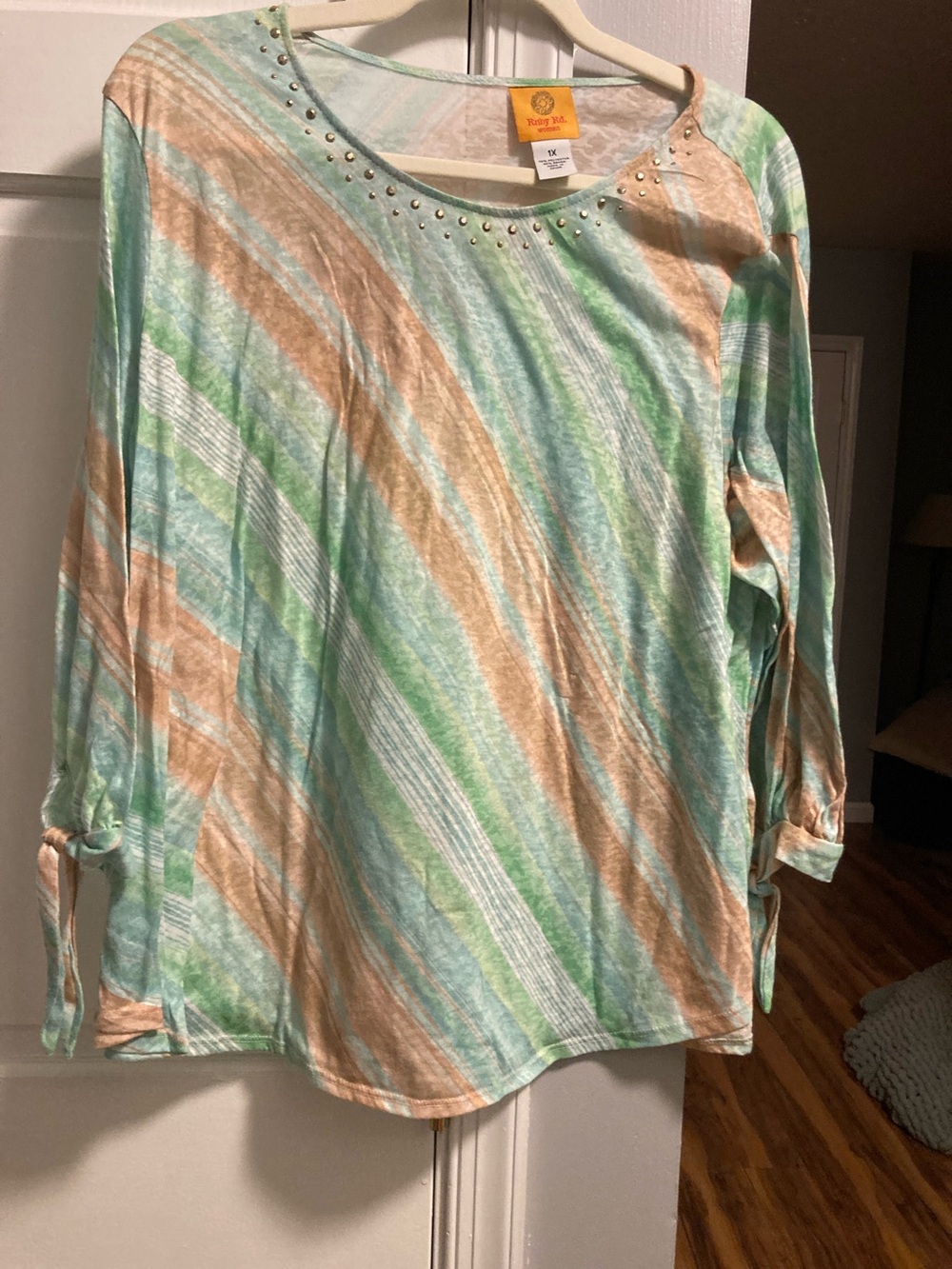 Ruby Rd. Mint Green & Tan Striped Stud-Neck Long Sleeve Top